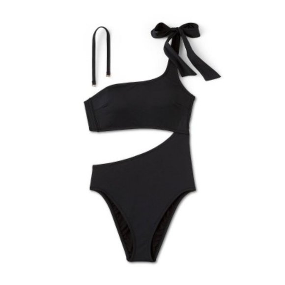 Shade & Shore One Shoulder Bow Side Cut-Out 1-Piece Swimsuit Black Sz Small NWT - Picture 5 of 12